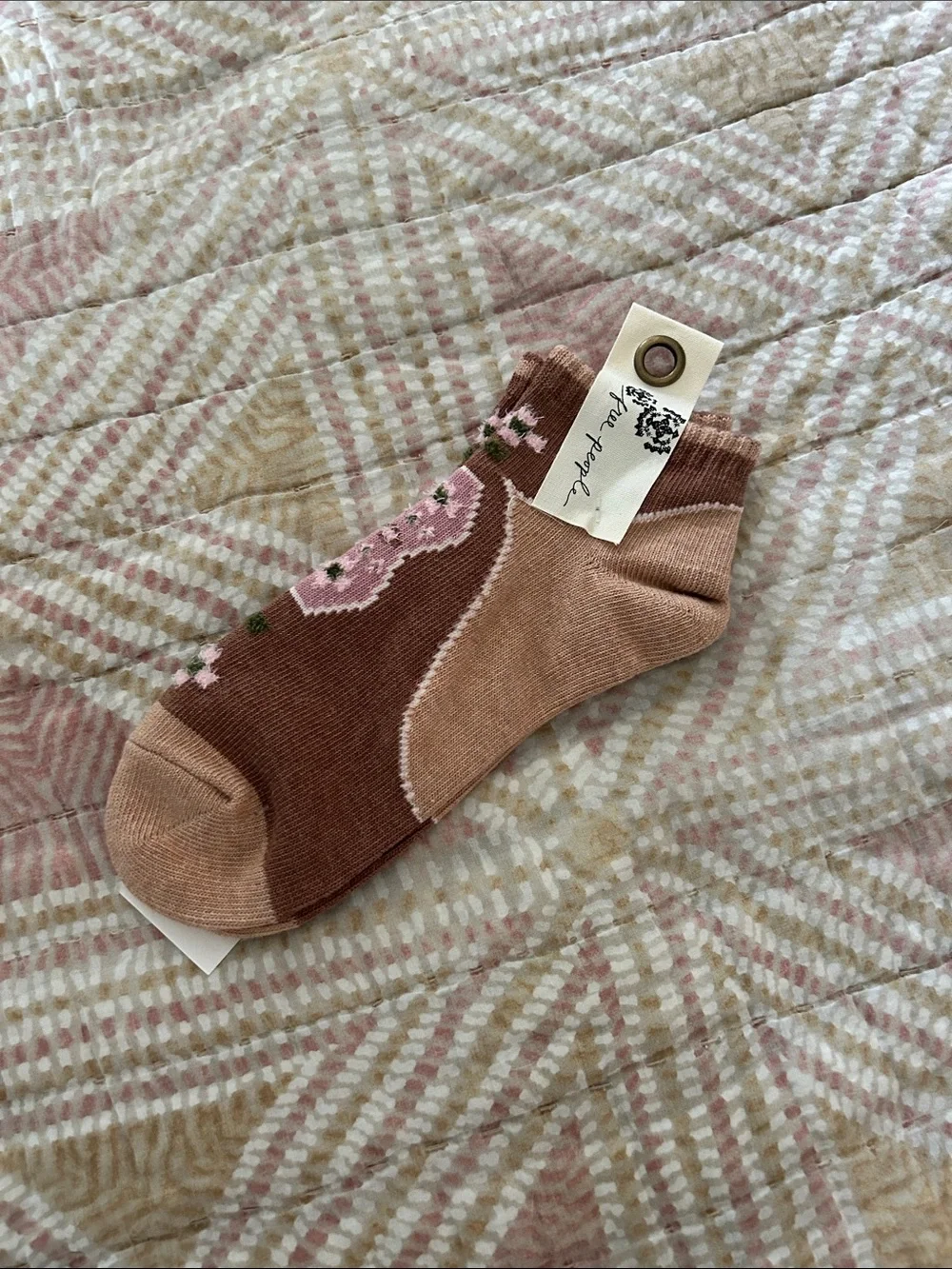 Free People Brown and Pink Floral Ankle Socks